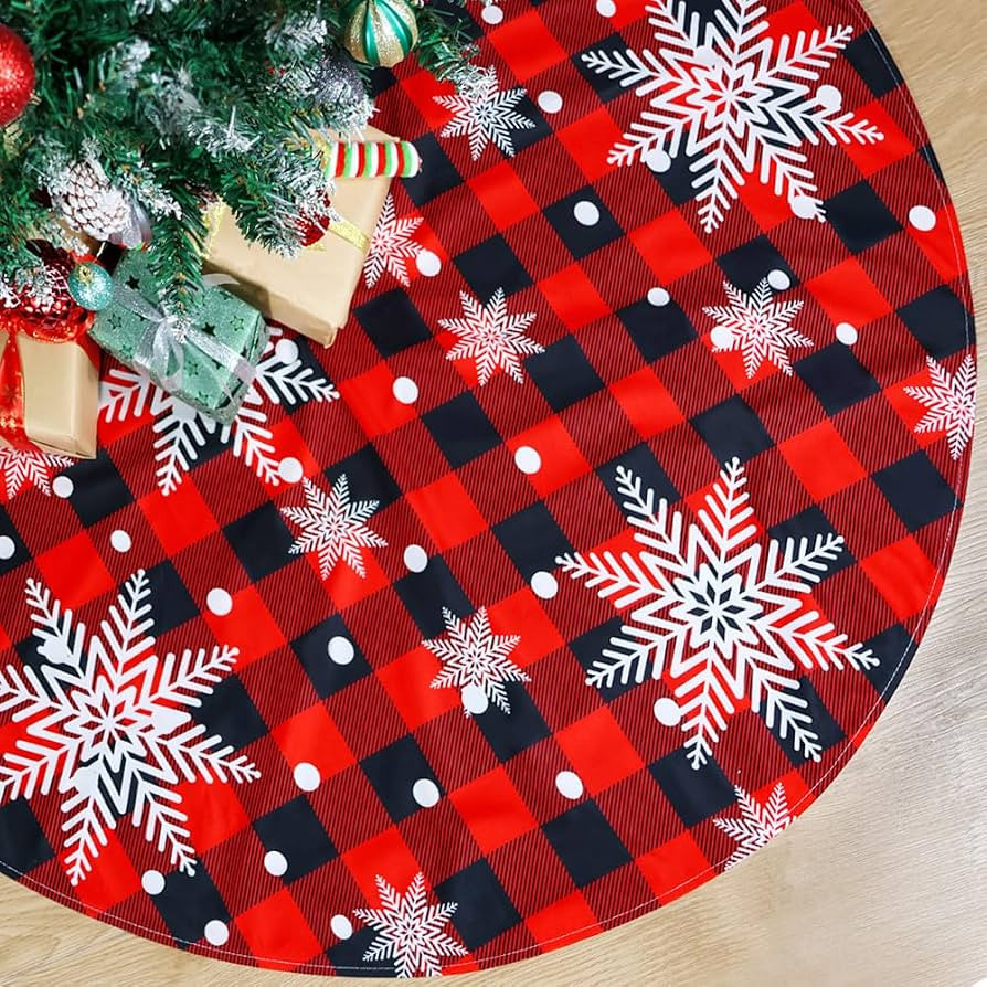 Christmas Tree Skirt Red and Black Buffalo Plaid Tree Skirt Snowflake Design, 48 inches Thick Lay... | Amazon (US)
