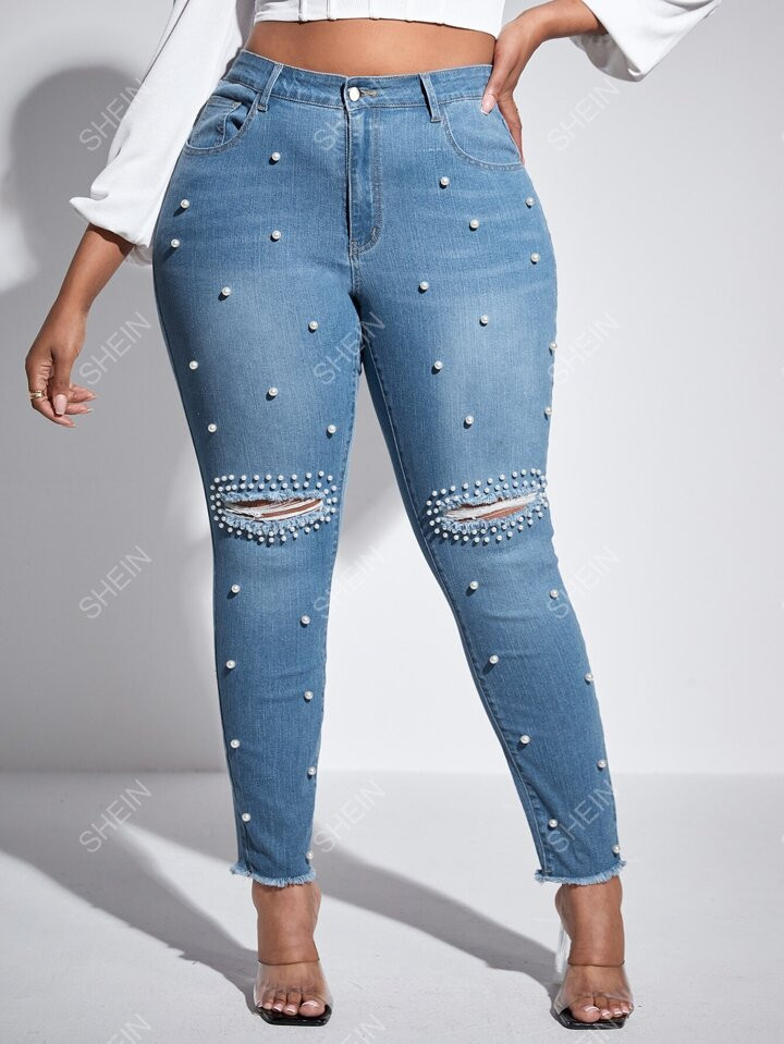 SHEIN SXY Plus High Waist Pearls Beaded Ripped Raw Hem Skinny Jeans | SHEIN