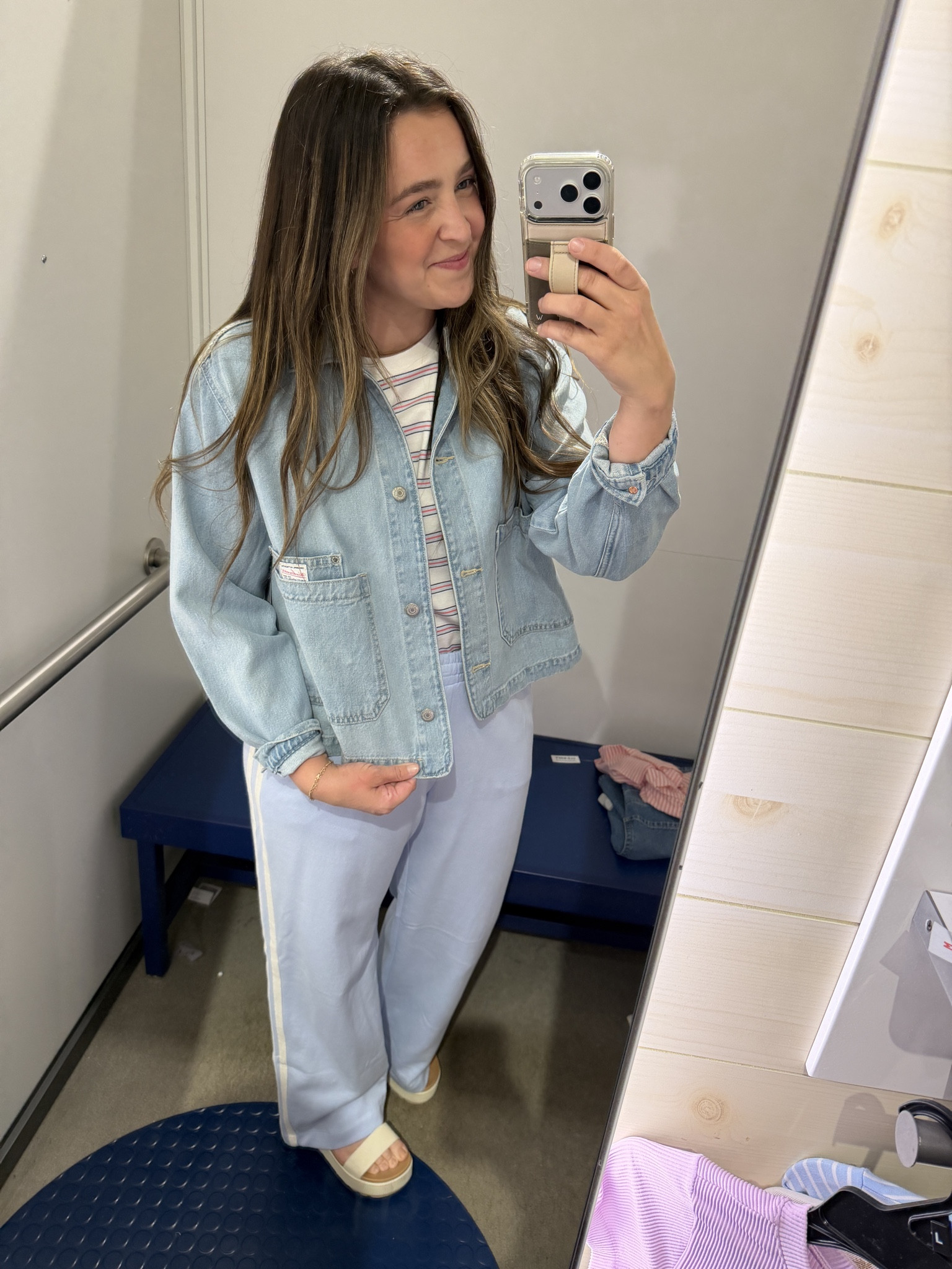 Spring outfit🌷
Denim jacket refresh
Stripe top
Lounge pants with  stripe🤍

#LTKMidsize #LTKmomlife #LTKActive