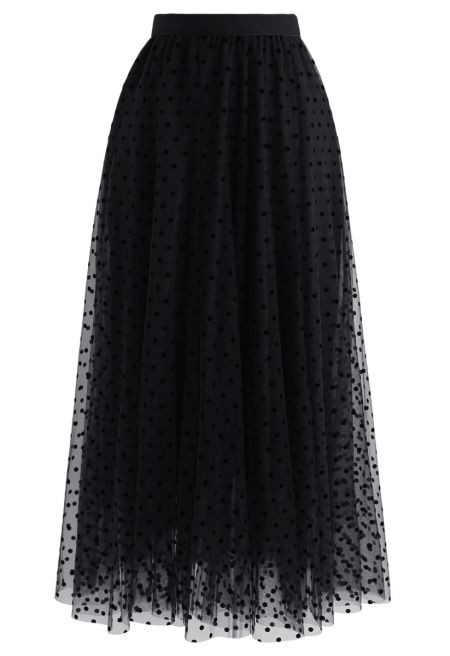 Full Polka Dots Double-Layered Mesh Tulle Skirt in Black | Chicwish