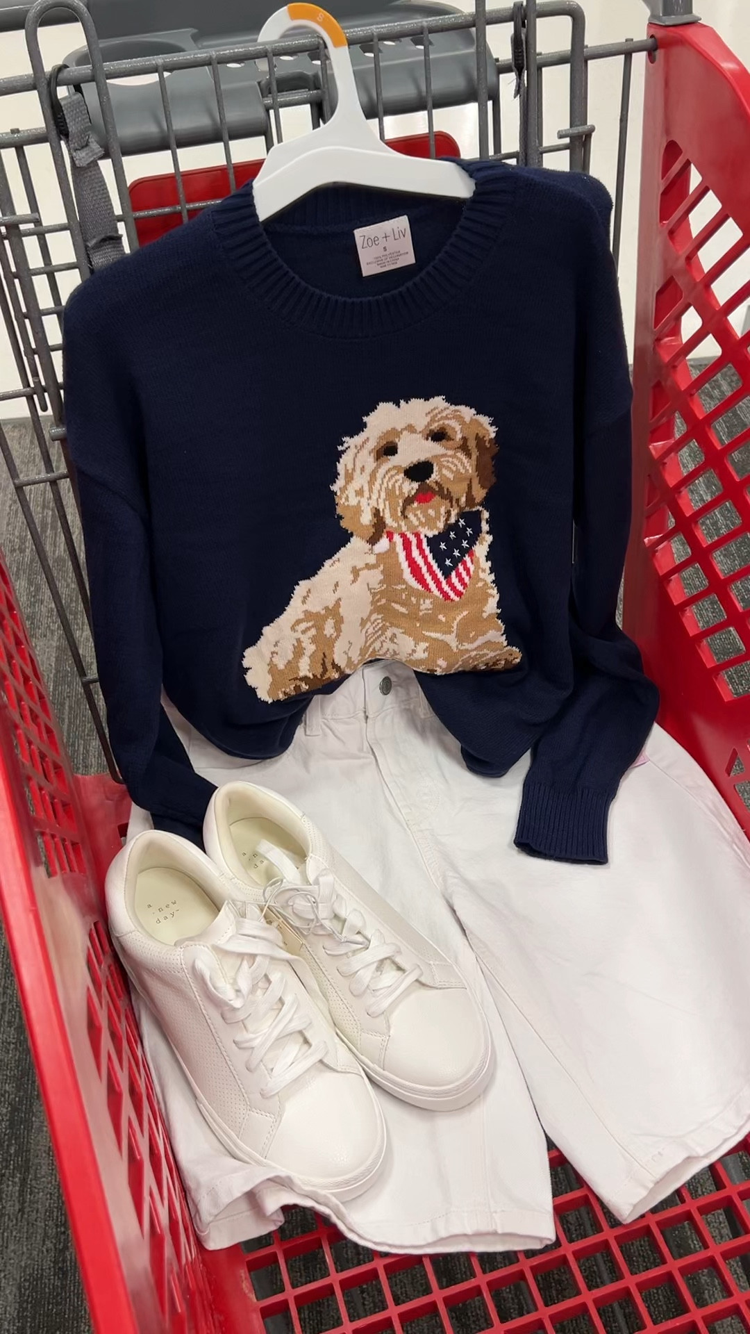 Target patriotic puppy dog sweater and white shorts. Sneakers were scanning as in-store so I will link similar. #memorial day July 4 fourth Labor Day red white blue inspo