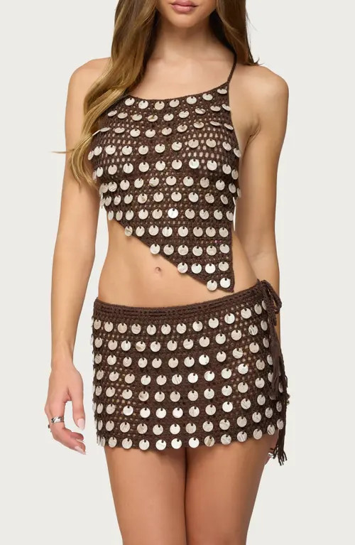 EDIKTED Alora Paillette Open Stitch Asymmetric Crop Top in Brown at Nordstrom, Size Small | Nordstrom