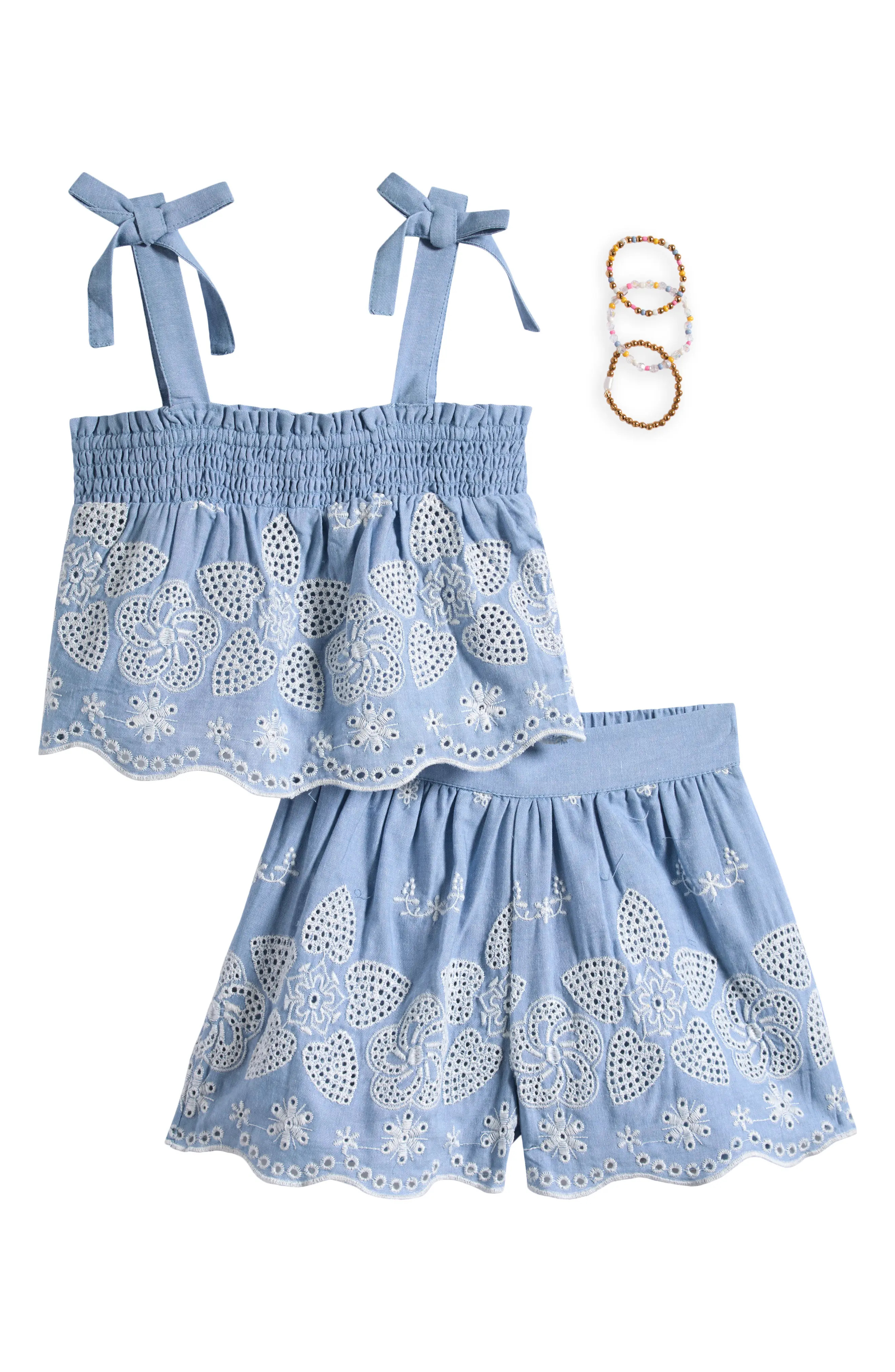 Kids' Eyelet Babydoll Top, Shorts & Beaded Bracelet Set (Women) | Nordstromrack | Nordstrom Rack