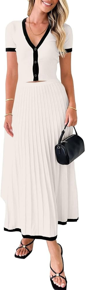 Imily Bela Womens 2 Piece Sweater Outfits Sets Short Sleeve V Neck Crop Top Knit Midi Long Pleate... | Amazon (US)