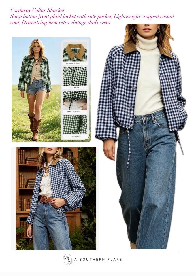 Women Gingham Jacket Corduroy Collar Shacket
Snap button front plaid jacket with side pocket, Lightweight cropped casual coat, Drawstring hem retro vintage daily wear

#LTKWorkwear