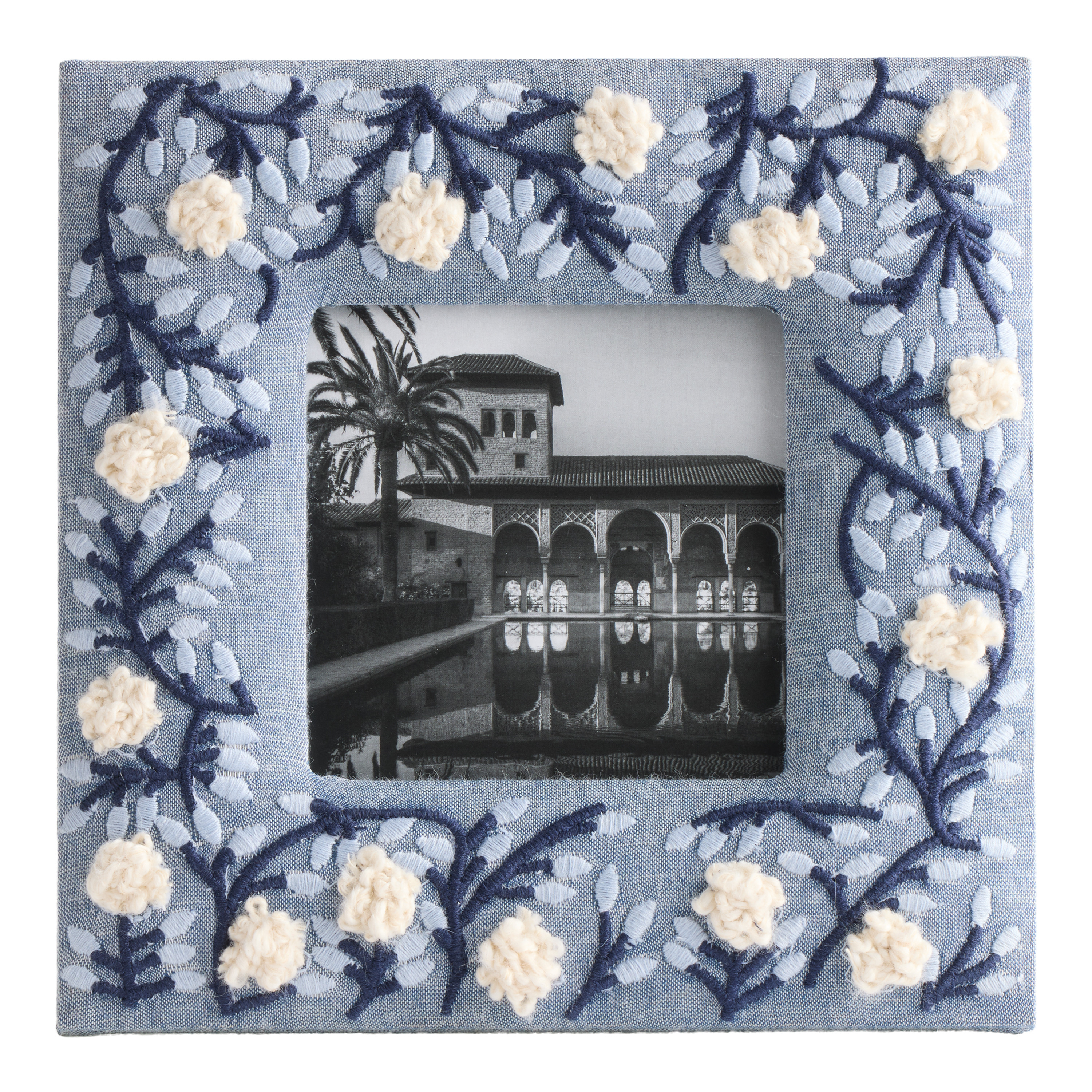 Square Dark Blue and White Floral Embroidered Picture Frame | World Market