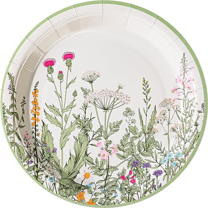 Wildflower Party Plates 7" Floral Paper Plates Spring Summer Botanical Green Leaves Herbs Vintage... | Amazon (US)
