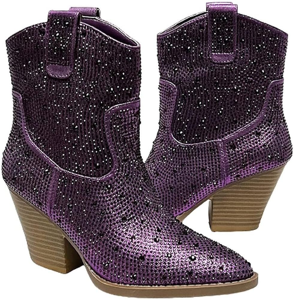 Women's Rhinestone Block Heel Mid Calf Short Ankle Booties Knee High Boots | Amazon (US)