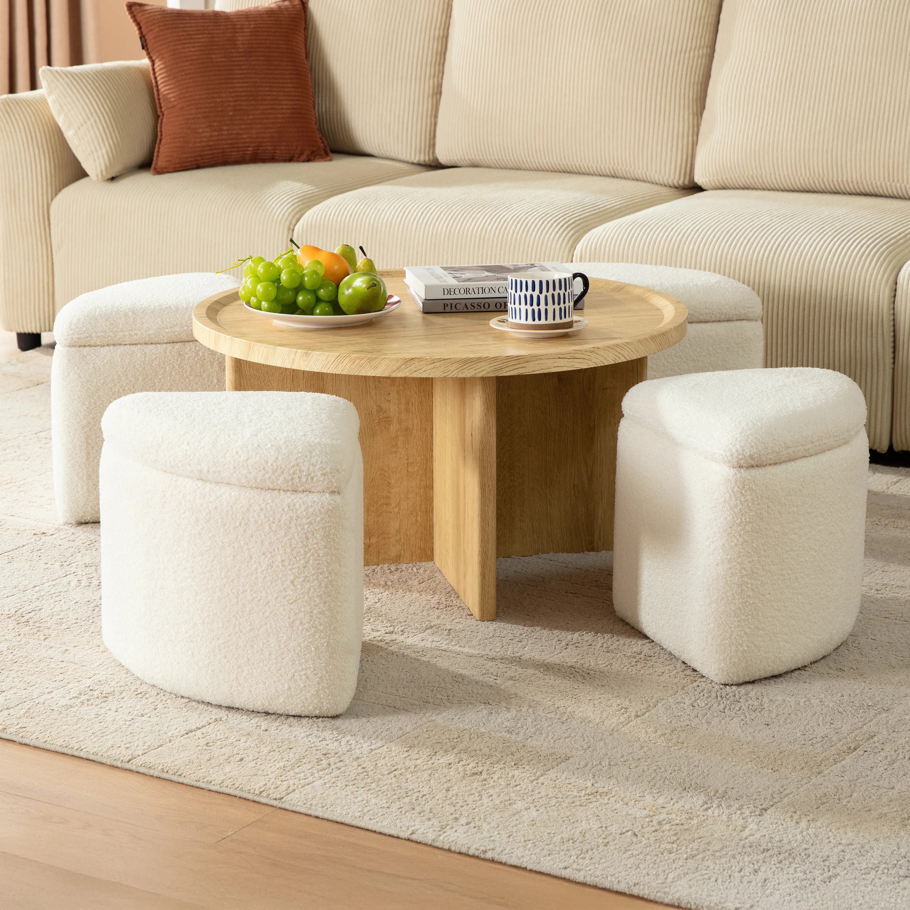 Coffee Table With 4seat Storage, Mid-century Modern Coffee Tables With 4 Chenille Ottomans , Cent... | Wayfair North America