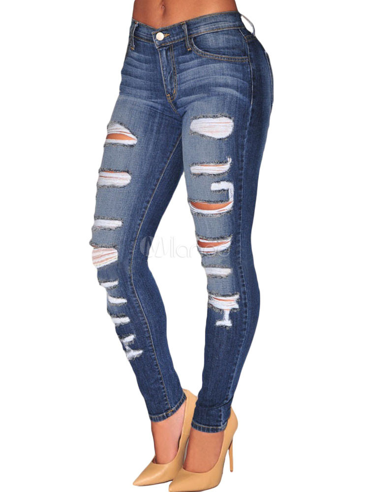 Ripped Jeans Deep Blue Denim Jeans For Women | Milanoo