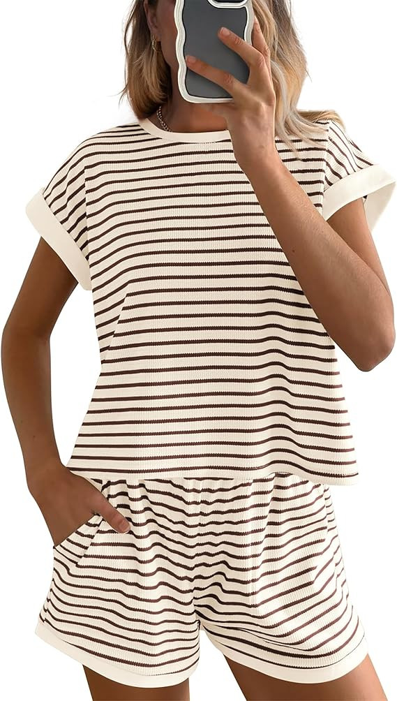 BTFBM Womens Striped Knit Sets 2 Piece Outfits 2025 Summer Short Sleeve Tops Elastic Waist Shorts... | Amazon (US)
