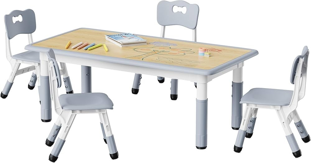 Brelley Kids Table and 4 Chairs Set, Height Adjustable Toddler Desk and Chair Set, Graffiti Deskt... | Amazon (US)