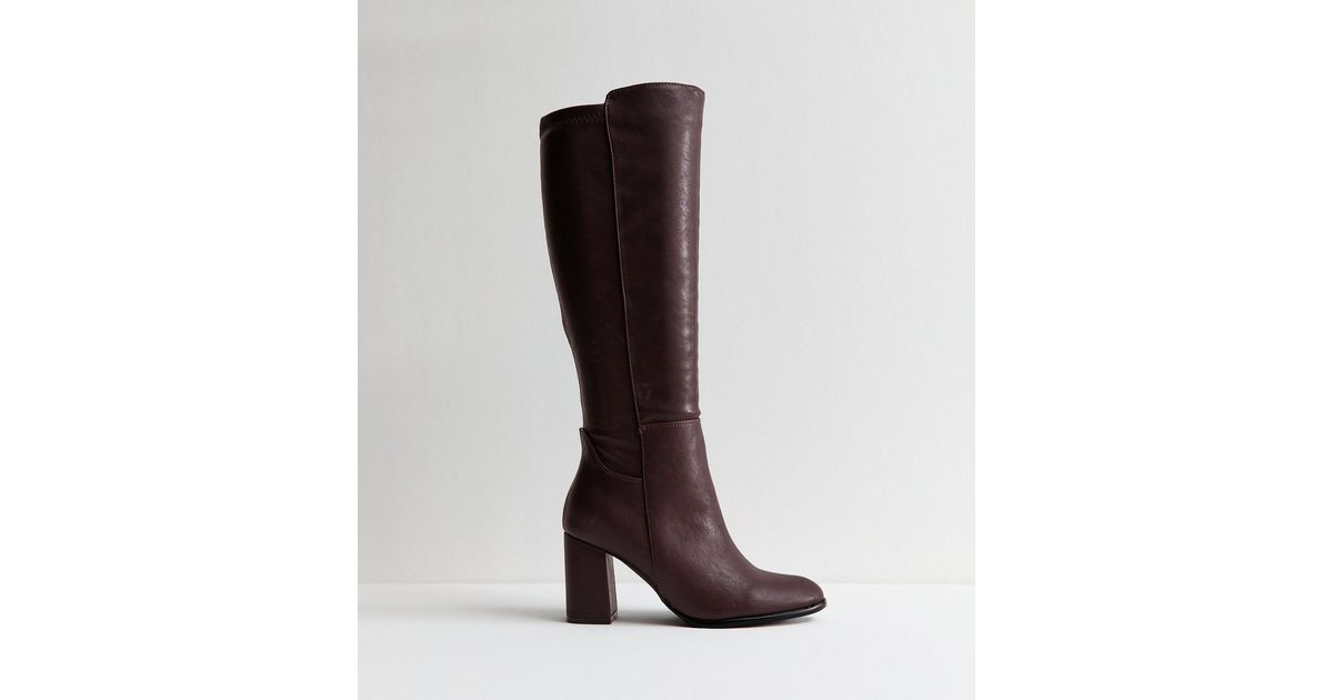 Wide Fit Burgundy Faux Leather Block Heel Boots | New Look | New Look (UK)