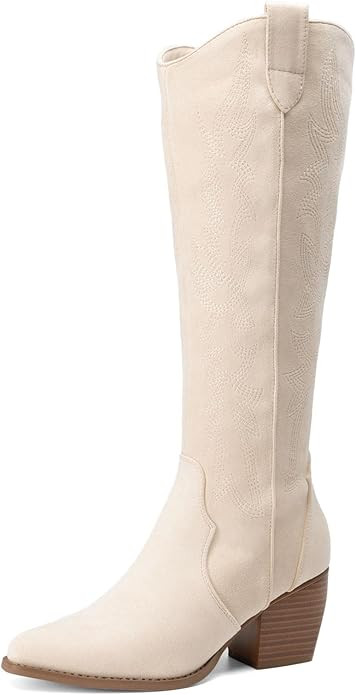 DREAM PAIRS Womens Cowboy Boots Wide Calf Comfortable Pull On Zipper Chunky Heel Pointed Toe Embr... | Amazon (US)