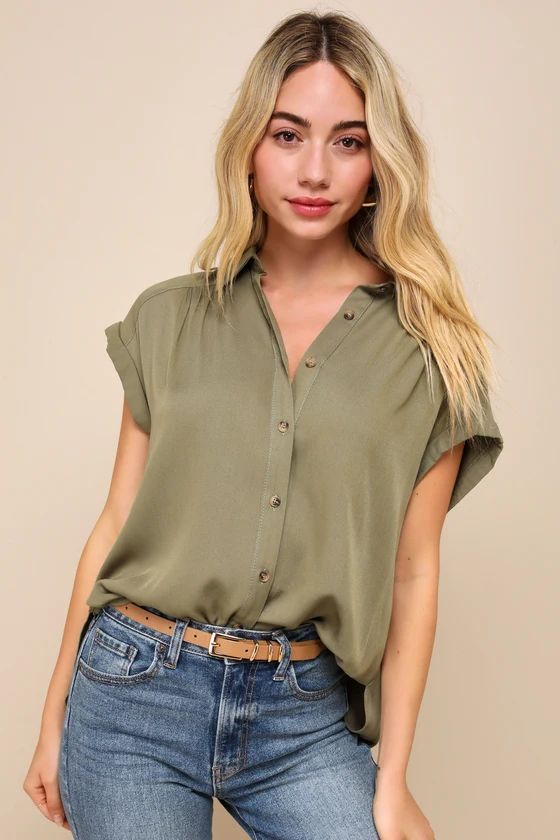 Exceptional Simplicity Olive Green Short Sleeve Button-Up Top | Lulus