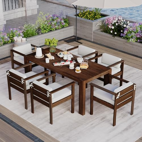 Hlcodca 7-Piece Patio Dining Table Set for 6, Outdoor Furniture Sets with 70.8" Rectangle Table and Removable Cushions for Backyard, Garden, Poolside Deck (Beige+Mocha) | Amazon (US)