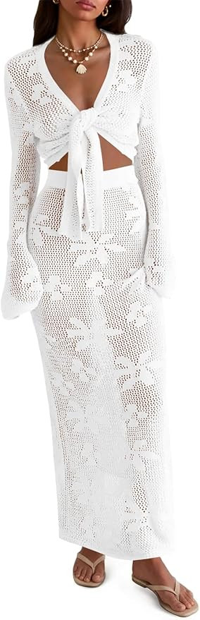 Saodimallsu Womens Crochet Swim Cover Up 2 Piece V Neck Long Sleeve Wrap Tie Crop Tops Beach Boho... | Amazon (US)