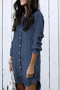 Women Denim Shirt Dresses Long Sleeve Distressed Jean Dress Button Down Casual Tunic Top | Amazon (US)