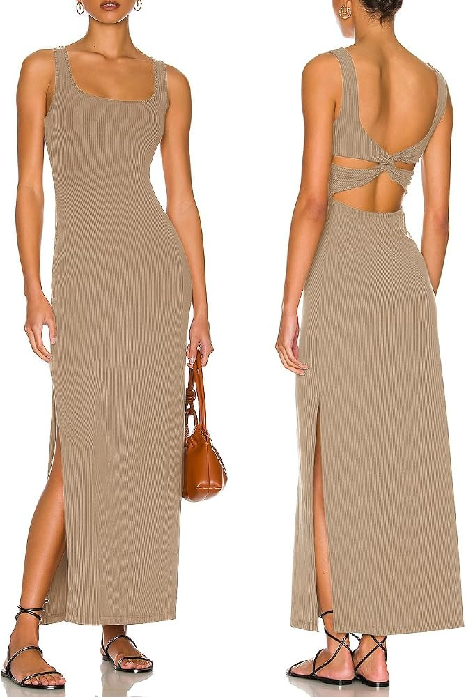 Women Backless Maxi Dress High Sides Slit Bodycon Tank Dress Twist Low Back Casual Sundress 122 | Amazon (US)