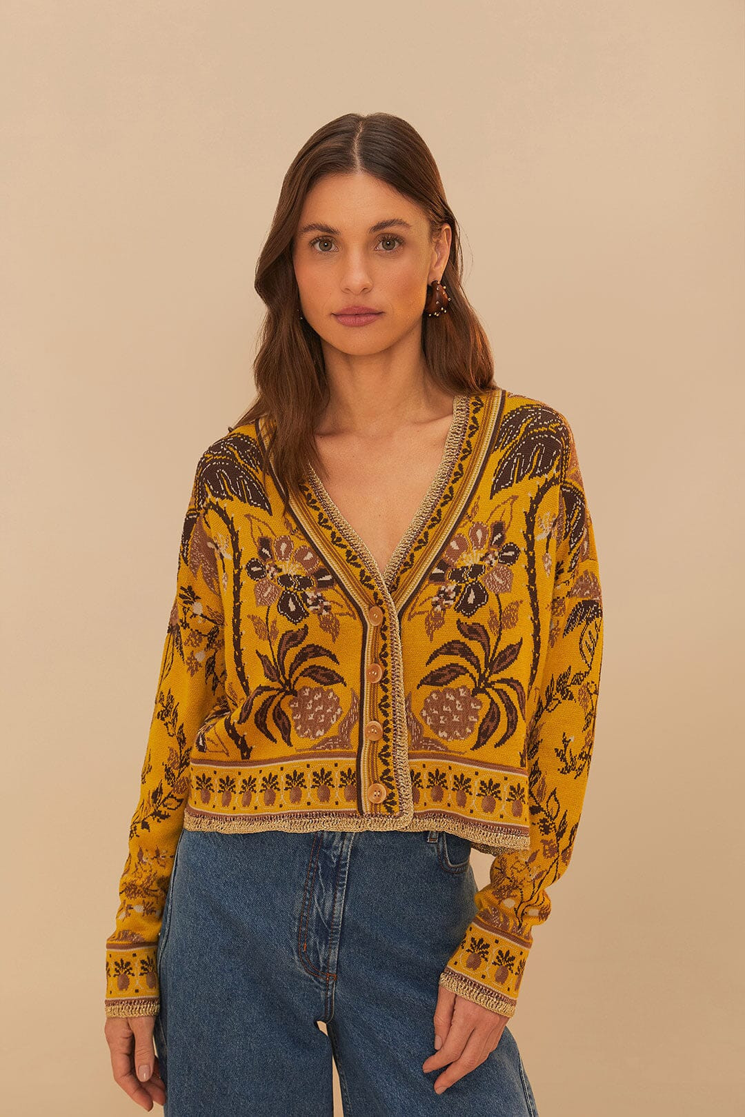 Yellow Golden Oasis Knit Cardigan, GOLDEN OASIS YELLOW / XS | FarmRio (US)
