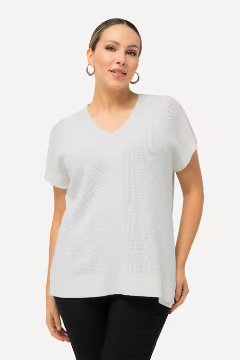 Waffle Knit Short Sleeve V-Neck Sweater | Ulla Popken - US & CA