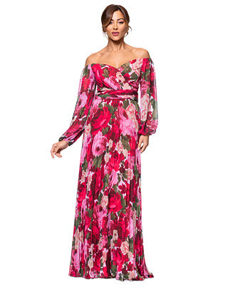 Petite Floral-Print Pleated Off-The-Shoulder Gown | Macy's