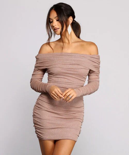 Shimmer Nights Off the Shoulder Glitter Mini Dress | Windsor Stores