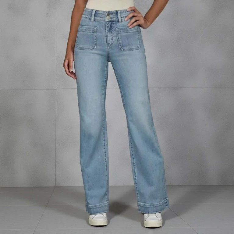 QETYUW Women's High Waisted Jeans Wash Distressed Denim Pants with Front Pockets Double Button Cl... | Walmart (US)