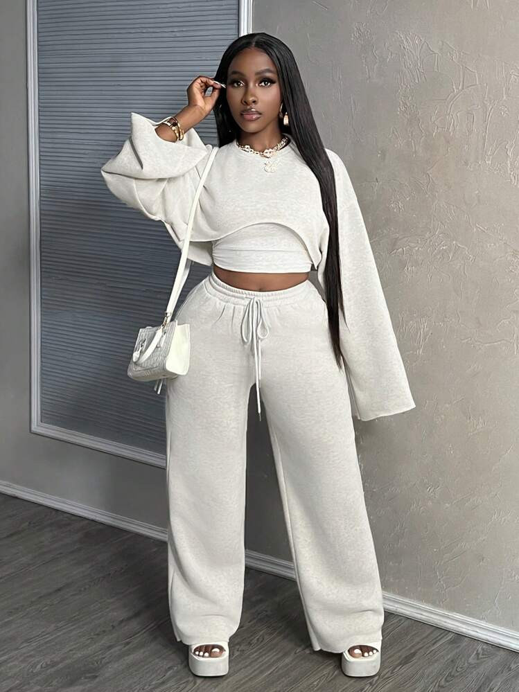 Slaydiva 2024 New Casual Basic Solid Color Long Sleeve & Sleeveless Top, Loose Pants 3-Piece Wome... | SHEIN