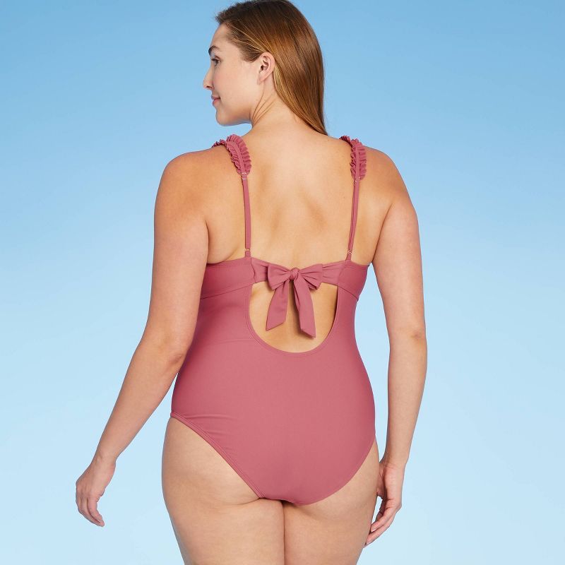 Women's Square Neck Ruffle Shoulder Medium Coverage One Piece Swimsuit - Kona Sol™ Mauvewood | Target