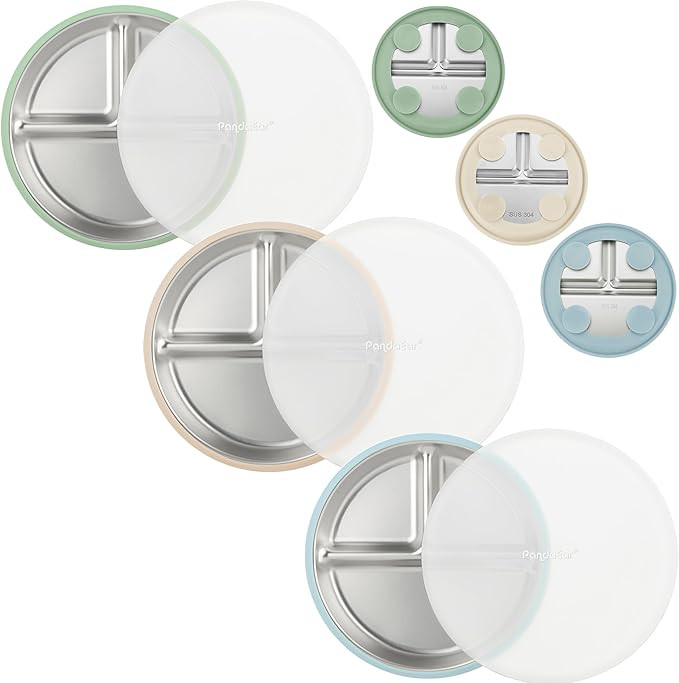 PandaEar 3 Pack Stainless Steel Baby Suction Plates, Divided Toddler Plate for Baby Led Weaning S... | Amazon (US)