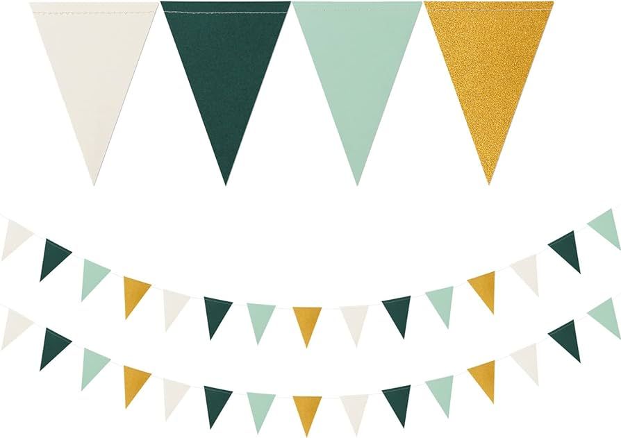 Sage Green Ivory Gold Pennant Banner,2 Pack Paper Triangle Flags,Baby Bridal Shower Safari Jungle... | Amazon (US)