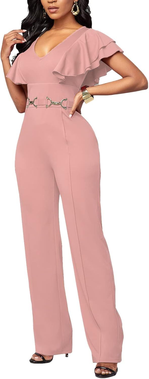 PDBQ Women's V-Neck Jumpsuit High Waist Short Sleeve Ruffled Loose Long Wide Leg Pants | Amazon (US)