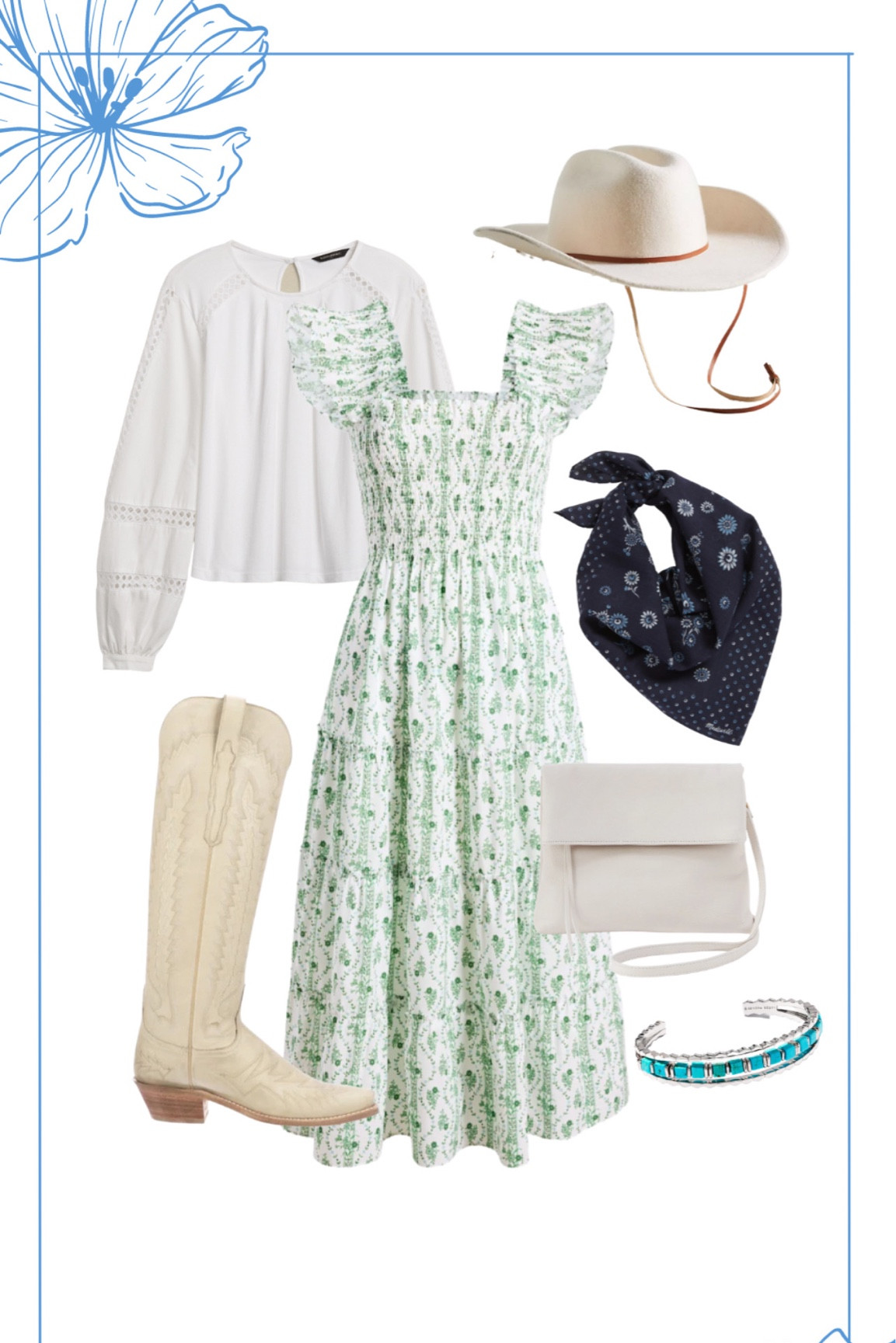 Rodeo outfit, festival outfit, how to style white cowboy boots for spring. How to style a nap dress for spring. 

Hill house, lucchese, white blouse, cowboy hat, turquoise jewelry, navy bandana, free people 

#LTKFind #LTKstyletip #LTKFestival