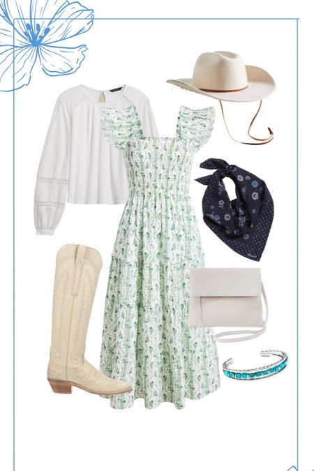 Rodeo outfit, festival outfit, how to style white cowboy boots for spring. How to style a nap dress for spring. 

Hill house, lucchese, white blouse, cowboy hat, turquoise jewelry, navy bandana, free people 

#LTKFind #LTKstyletip #LTKFestival