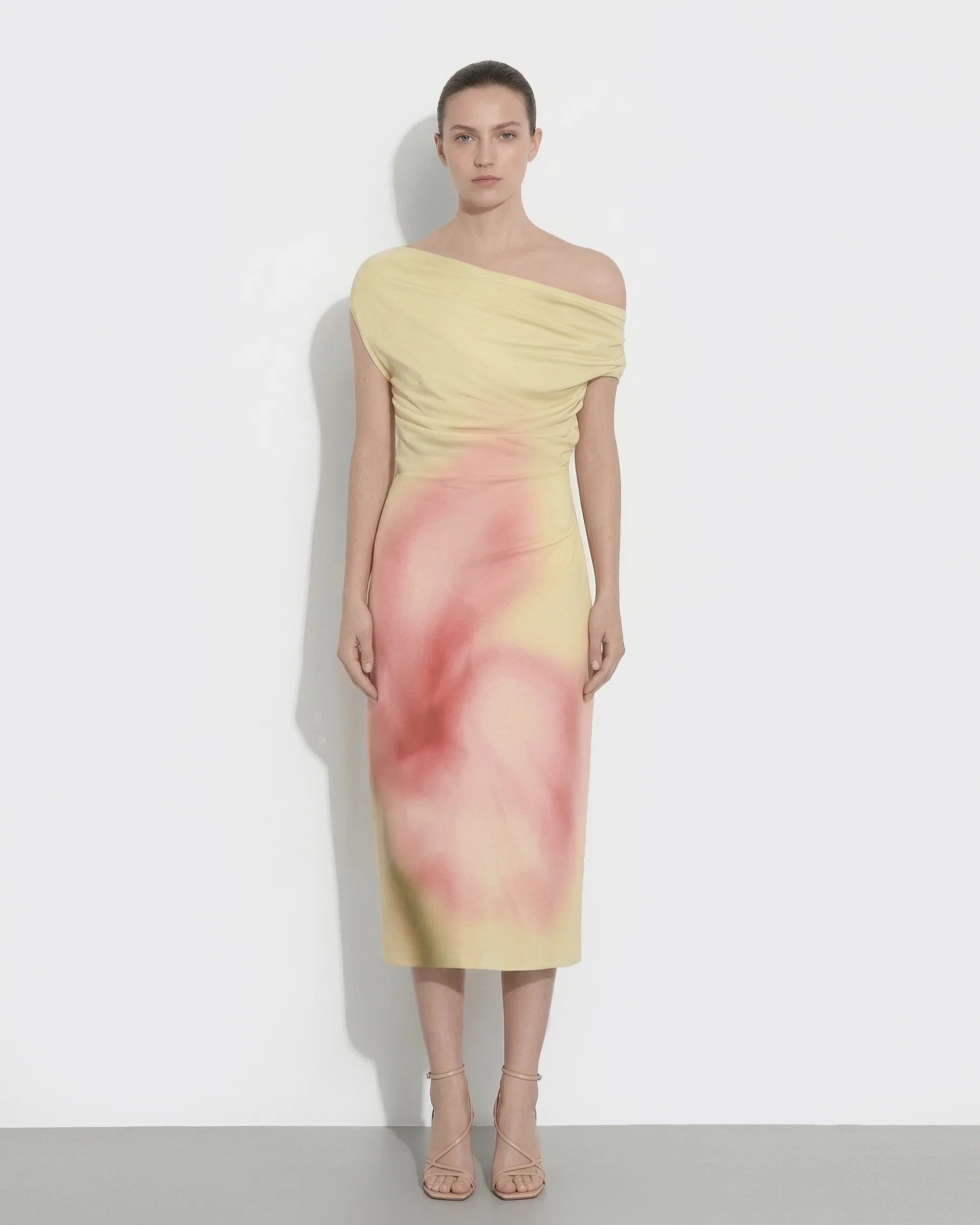 Watercolor Floral Print One-Shoulder Asymmetric Midi Dress - Yellow | JW PEI US