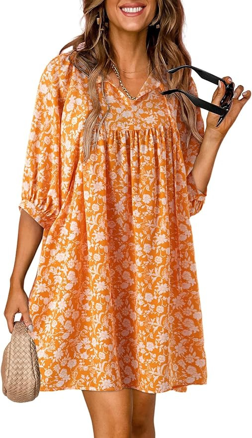 Dokotoo Womens Summer Dresses 2024 Boho Floral Drawstring V Neck Chiffon Lantern Sleeve Casual Be... | Amazon (US)