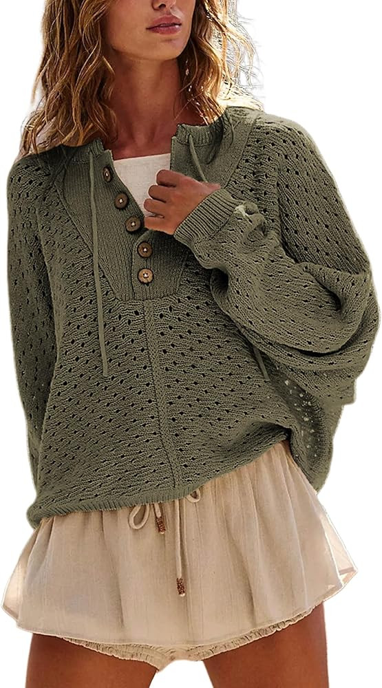 Hoodies for Women Oversized Knit Sweatshirt Long Sleeve Button Drawstring V Neck Pullover Sweater... | Amazon (US)