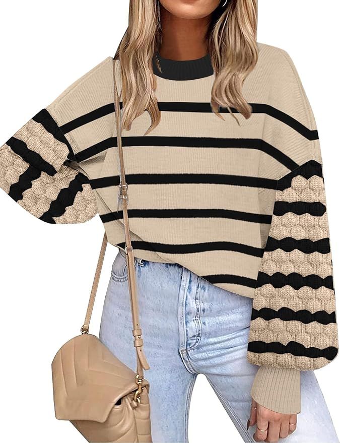 Women's Crew Neck Color Block Oversized Sweaters Knitted Pullover Jumper Tops Casual Lantern Slee... | Amazon (US)
