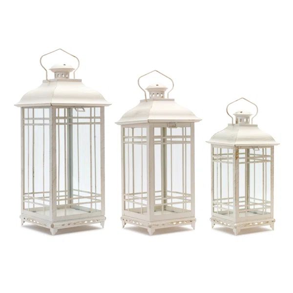 Metal and Glass Lantern, Cream, Set of 3 (Set of 3) | Wayfair North America