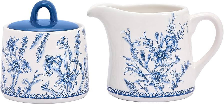 Bico Blue Garden Toile De Jouy Ceramic Sugar and Creamer Set, Sugar Bowl with Lid, Cute Container... | Amazon (US)