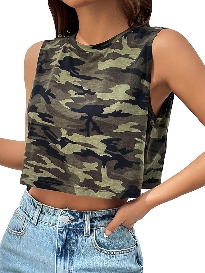 SOLY HUX Women's Crop Tank Top Camo Print Sleeveless Round Neck Casual Tops | Amazon (US)