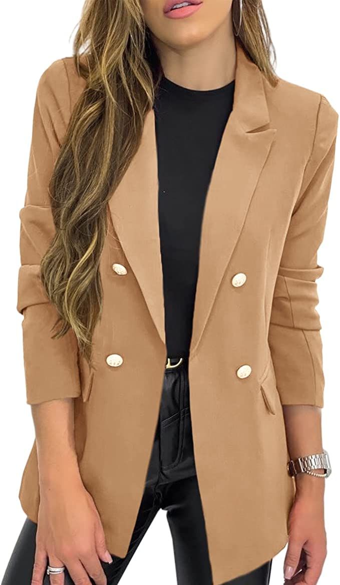 Hdieso Women's Solid Color Casual Long Sleeve Lapel Button Blazer Jacket | Amazon (US)