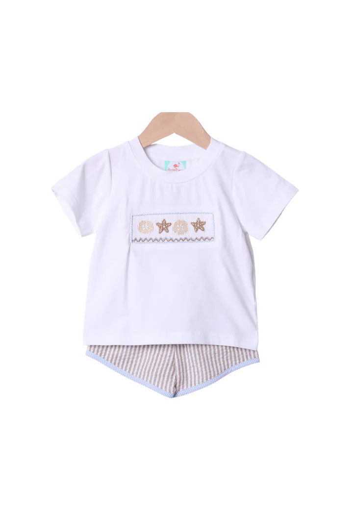 Smocked Starfish Khaki Seersucker Short Set | The Smocked Flamingo