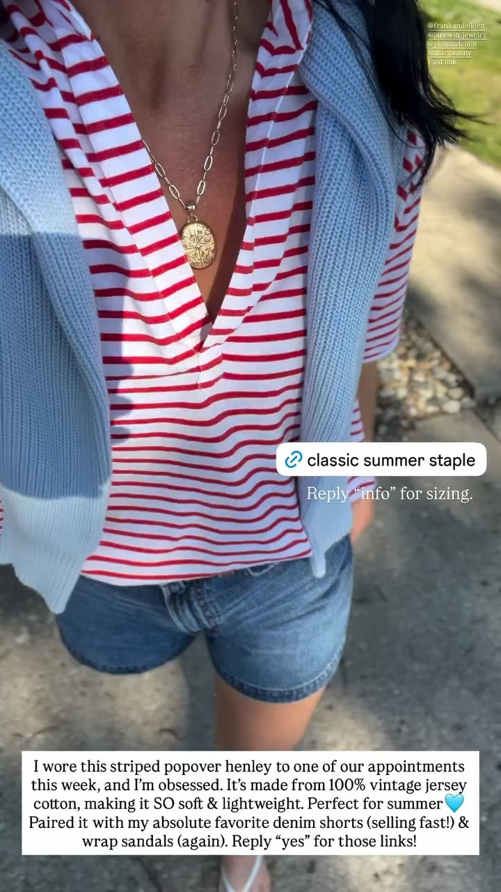 I love this striped popover henley polo tee! It's 100% vintage jersey cotton and is so soft and lightweight. I love styling it with my favorite denim jeans and wrap sandals. 

summer style, women's outfit, polo tee, denim shorts, wrap sandals, Fourth of July outfit, July 4 outfit 

 #LTKootd #LTKSeasonal