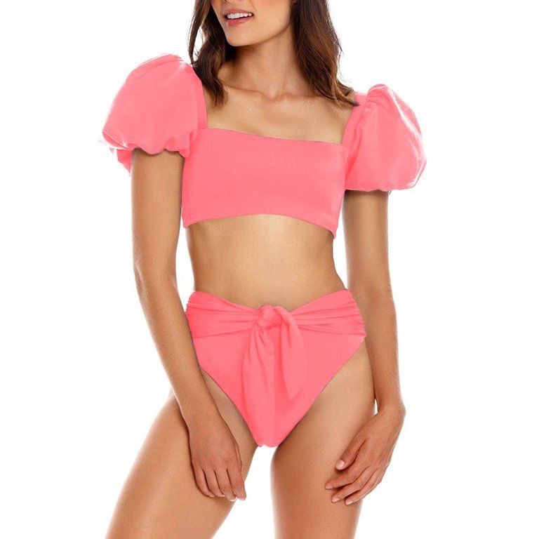rrhss New Swimwear Bikini Women Swimming Beach Puff Sleeves Crops Tops Solid Color 2 Piece Swimsu... | Walmart (US)