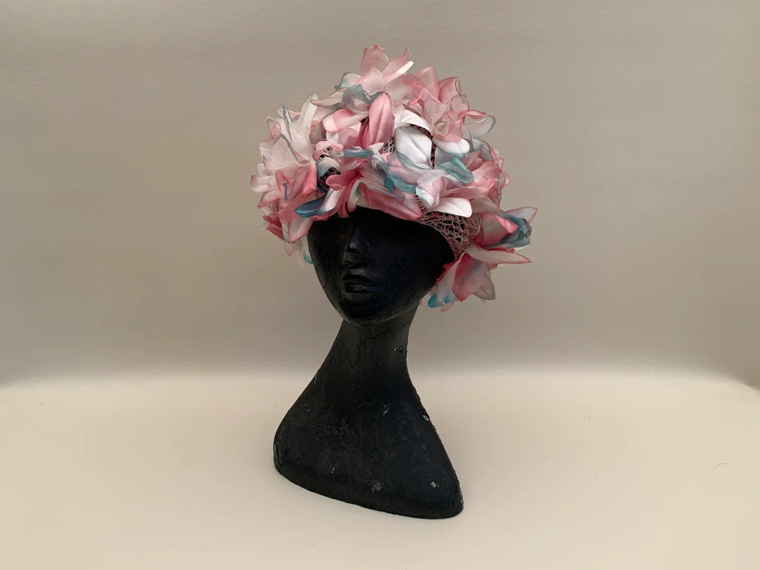 Vintage 1960s Variegated Pastel Flower Crocheted Base Hat Pink Blue and White Fun Floral Summer H... | Etsy (US)