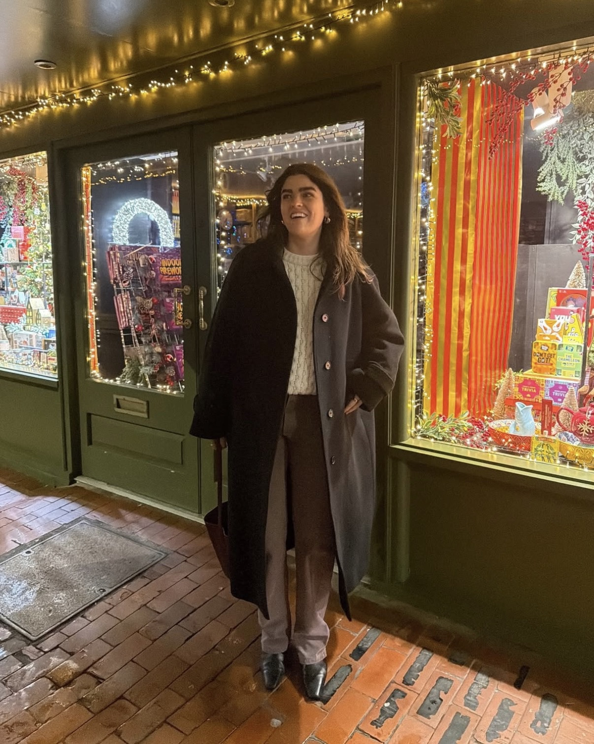 2025 in outfits. A wintry look, cable knit jumper and long wool coat with vintage denim 

 #LTKwinter #LTKstyletip