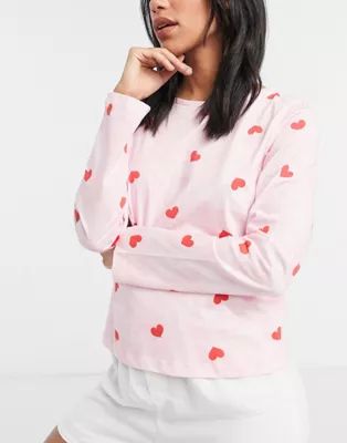 ASOS DESIGN mix & match tie-dye heart long sleeve pajama tee in pink | ASOS (Global)