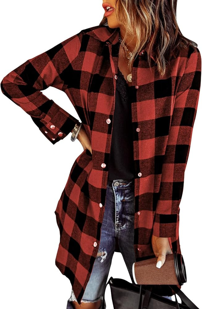 EVALESS Color Block Plaid Shacket Jacket Womens Fall Clothes Fashion Outfits | Amazon (US)